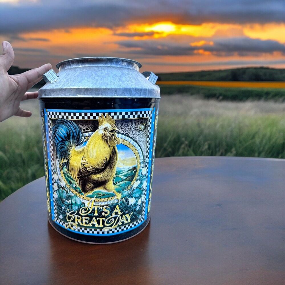 Vintage Houston Food Popcorn Tin Can Roster Farmhouse Country "It’s A Great Day”